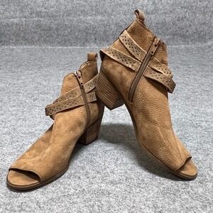 Lucky Brand Tan Leather Studded Peep Toe Ankle Boots Stacked Block Heel 8M